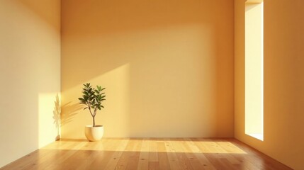 Fototapeta premium Serene Minimalist Room Interior Design with Sunlight Streaming Through a Window, Featuring a Small Potted Plant on Light Wooden Floor