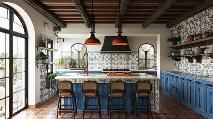 Sunlit kitchen with blue cabinets, island, and patterned tile backsplash.