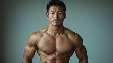 Muscular Asian Man Portrait: Fitness, Strength, and Bodybuilding