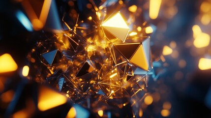 Abstract Golden and Blue Crystal Structures: A Digital Art Exploration of Geometric Forms and Light