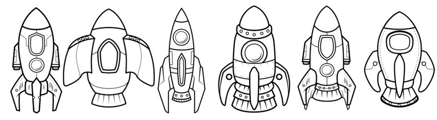 Set of Black and white Rocket Space for launch galaxy astronomy astronaut universe Kids coloring page, drawing, art, flash card. Color cartoon character clipart.