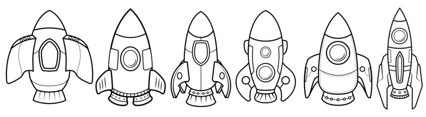 Set of Black and white Rocket Space for launch galaxy astronomy astronaut universe Kids coloring page, drawing, art, flash card. Color cartoon character clipart.