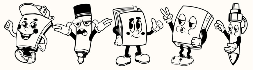 Set of Black and white stationery Book, Brush, Pencil mascot in many styles pose outline