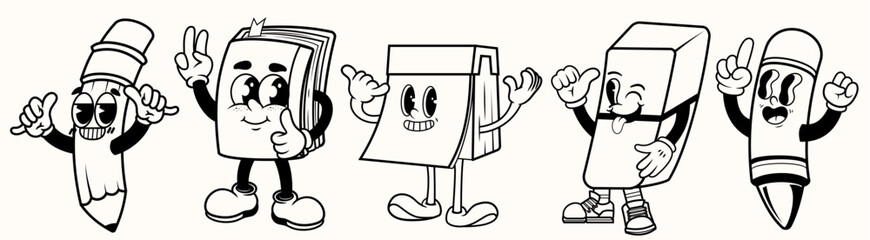 Set of Black and white stationery Book, Brush, Pencil mascot in many styles pose outline