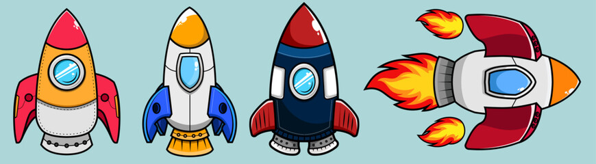 Set of Rocket Space for launch galaxy astronomy astronaut universe Kids coloring page, drawing, art, first word, flash card. Color cartoon character clipart.