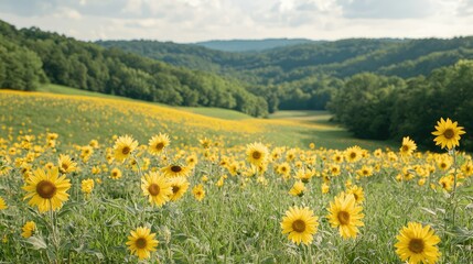 Fototapeta premium Sunflowers bloom in a field before a hilly landscape