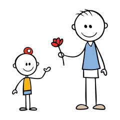A heartfelt stick-figure scene: a caring father hands a flower to his smiling son, capturing a moment of love, warmth, and the simple joy of sharing.