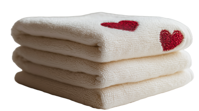 Cozy Heart Towels:  A stack of three plush towels with a delicate heart design.  The soft, warm colors create a sense of comfort and affection.