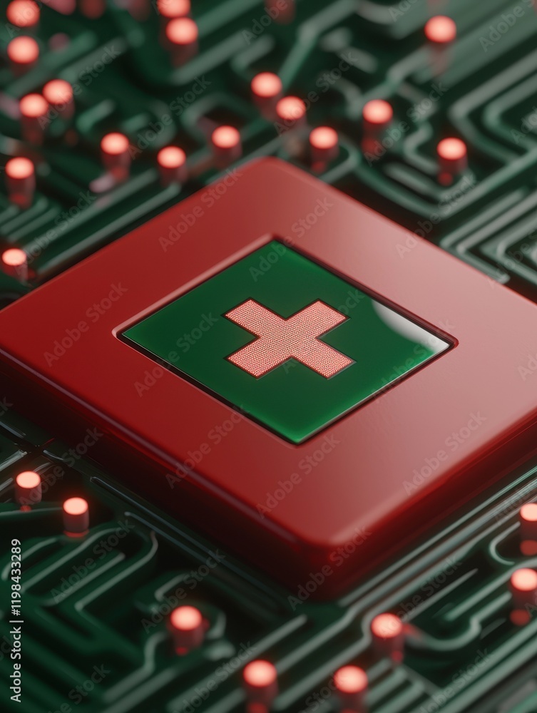 Poster health info medical privacy concept. close-up of a microchip with a distinctive green and red design