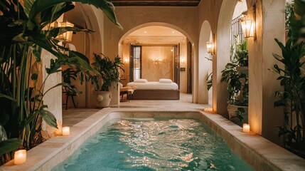 Obraz premium Luxurious indoor pool and spa with tropical plants, candles, and a bedroom view.