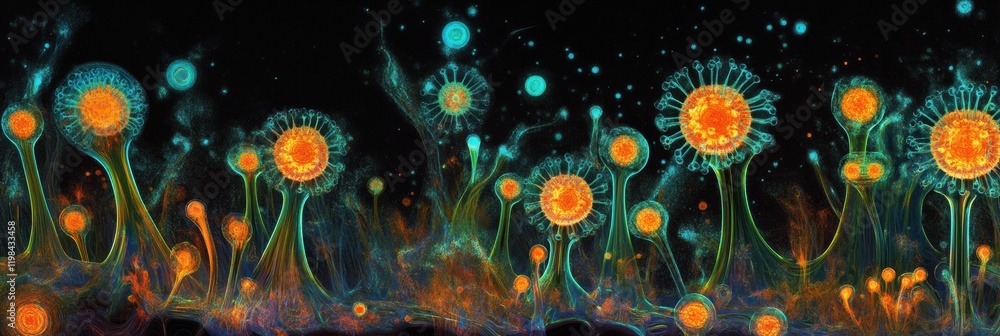 Aufkleber colorful 3d render of vibrant microbes in a dark environment showcasing cellular life forms and intr