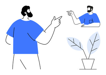 Two bearded men in blue shirts pointing at each other, beside a simple potted plant with large leaves. Ideal for communication themes, teamwork concepts, social interaction, digital networking