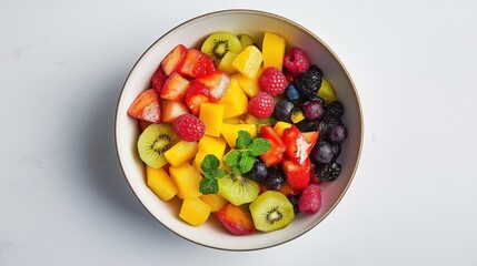 Top view of the colorful fruit salad in a white plate against a white background