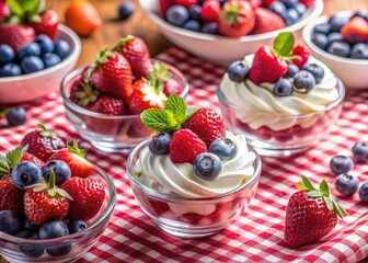 Pink tablecloth, summer berries burst forth. Strawberries, raspberries, blueberries, and meringue nestle.