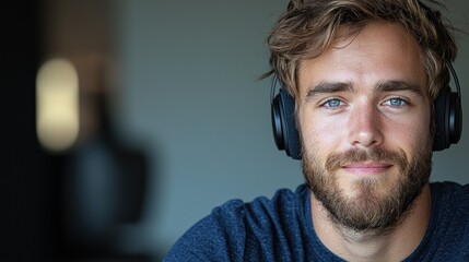 Portrait of a young man with headphones, calm and serene expression, indoor setting, casual attire.