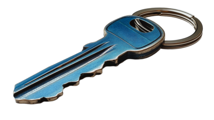 Steel Key with Keyring: A close-up shot of a metallic blue key with a silver keyring, sharply focused against a clean background.  The image evokes a sense of access, security, and new beginnings.