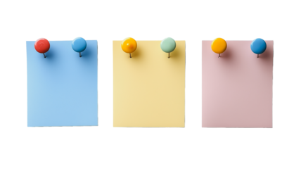 Colorful Notepads with Push Pins: Three pastel-colored notepads, light blue, yellow, and pink, each secured with two colorful pushpins, arranged side by side, providing ample space for your message. 