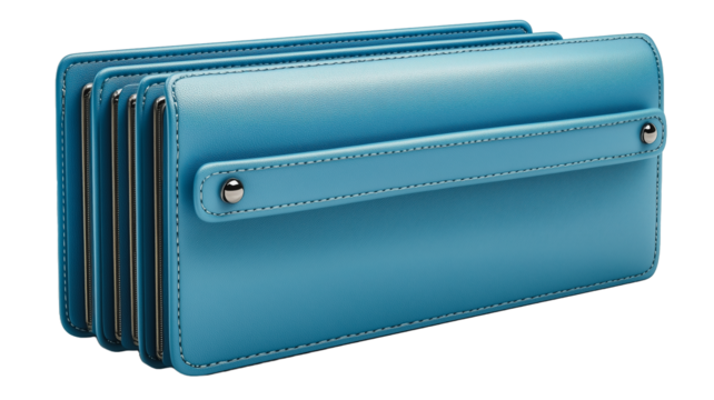 Stack of Blue Leather Cases: A sleek stack of four blue leather cases, each featuring a subtle texture and elegant stitching.