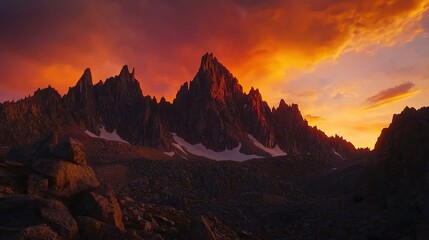 Naklejka premium Fiery Sunset over Rugged Peaks