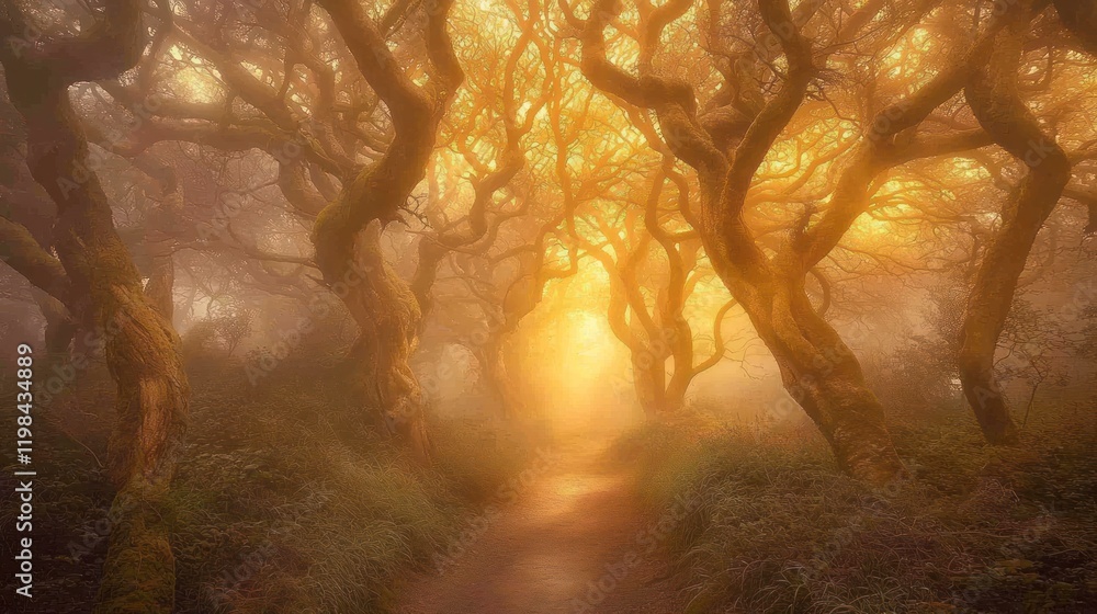 Poster mystical fog-shrouded path through a golden forest with gnarled trees.