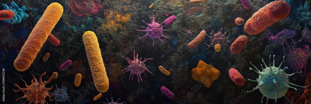 Poster diverse array of bacteria and microbes thriving in a complex environment created by various microorg