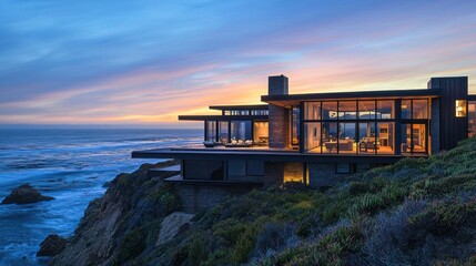 Luxurious oceanfront house at sunset.