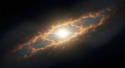 The sun in the cosmos, accompanied by the moon and stars. A nebula, a gas cloud in the vastness of outer space, illuminates the dark sky. A stunning cloud formation enhances the view of the night sky
