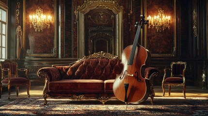 Cello leaning against ornate sofa in opulent room.