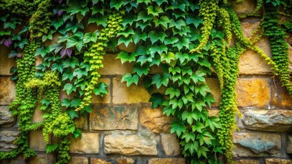 Lush Green Vines Cascading Down a Rustic Stone Wall, Creating a Natural and Serene Outdoor Scene