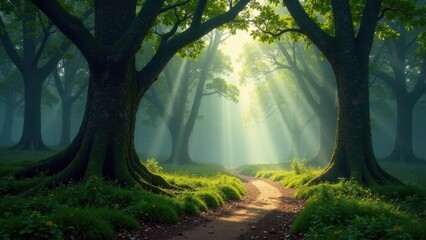 Obraz premium Sunbeams Illuminate Mystical Forest Path, Enchanting Woodland Scene with Lush Greenery and Ancient Trees