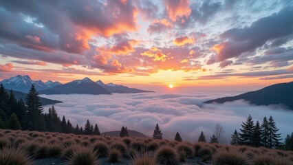 Obraz premium Golden sunrise envelops misty mountains and silhouetted trees below, casting an ethereal glow as the day begins. Hues of orange and yellow dance across a tranquil sky