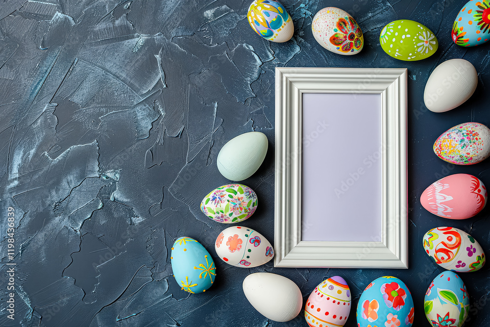 Poster white frame with a white background and a bunch of painted eggs surrounding it. the frame is empty, 