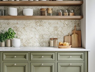 Fototapeta premium Stylish Kitchen With Green Cabinets And Wooden Shelves