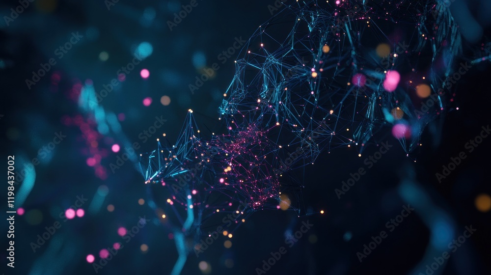 Poster abstract network visualization: glowing nodes and connections