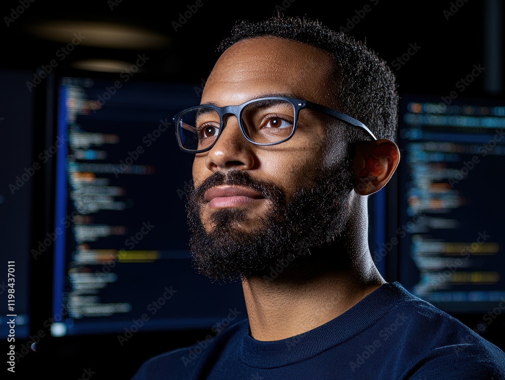 Poster business consulting optimization concept. focused man with glasses in a tech workspace, illuminated 