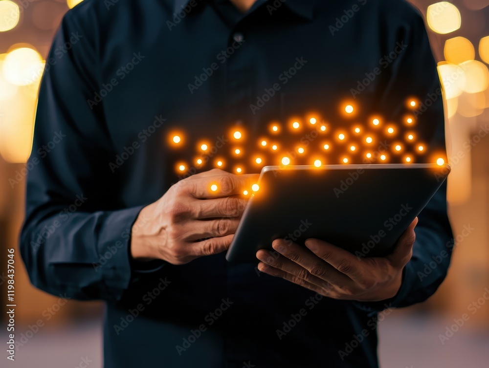Poster business consulting optimization concept. a person holding a tablet with glowing particles emerging 