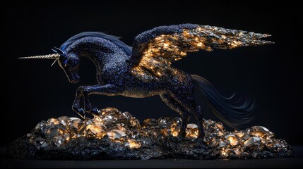 Obraz premium Dark blue winged unicorn sculpture on glowing rocks.