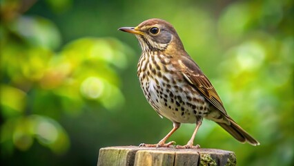 Fototapeta premium A small songbird perched on a weathered wooden post, vibrant plumage and delicate features, a study in natural beauty and detail, against a softly blurred green background