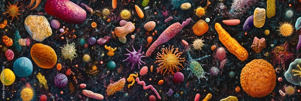 Aufkleber array of bacteria and microbes showcasing diversity in shapes and colors discovered in microscopic e