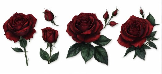 Realistic and detailed illustrations of red roses in a triangular arrangement on a white background, with varying shades of red.