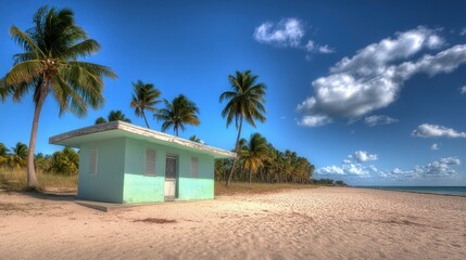 Obraz premium Tranquil Beach Scene with Isolated Beach Hut Surrounded by Lush Tropical Palm Trees and Clear Blue Sky on a Serene Coastal Landscape
