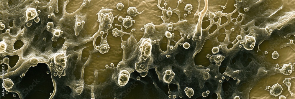 Aufkleber Dense layer of microbes found in a natural habitat showcasing complex structures and interactions in a microscopic world. Generative AI