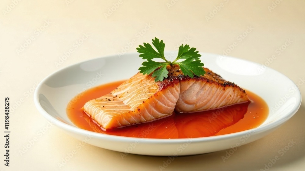 Wall mural Delicious Pan-Seared Salmon Fillet Served on a White Plate with a Zesty Red Sauce and Fresh Parsley Garnish