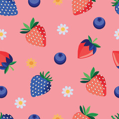 blue strawberry Red-pink strawberries, blueberries, daisies, bright pink background.Seamless pattern. Vector.
