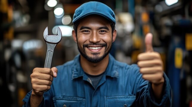 Smiling mechanic thumbs-up, wrench, workshop