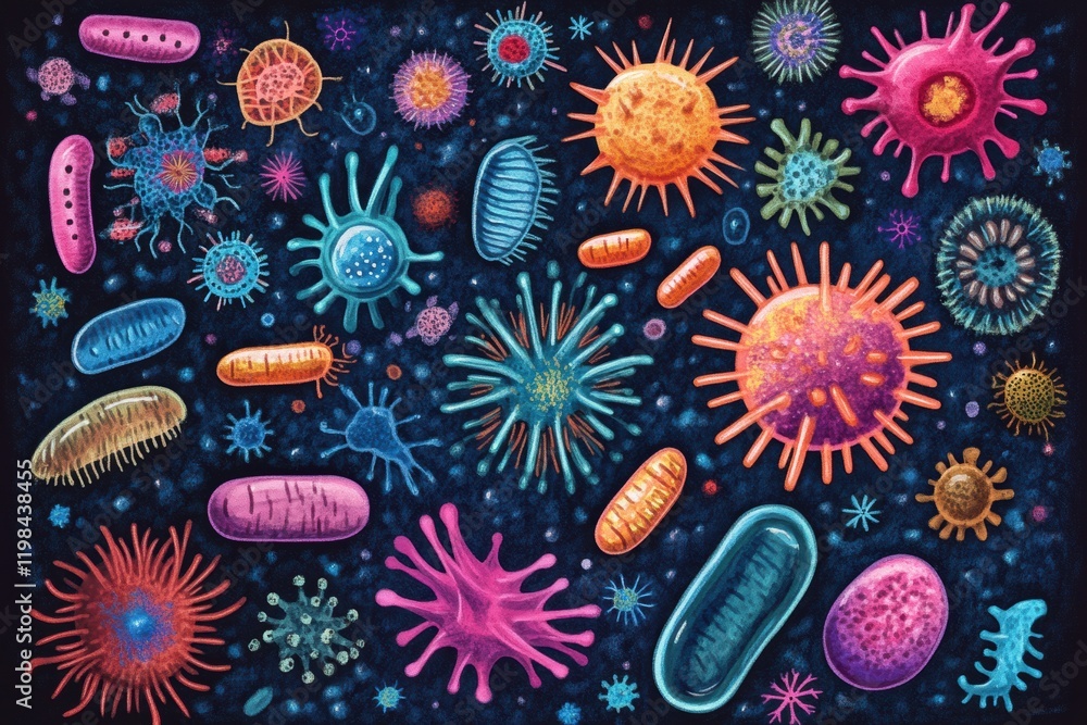 Poster Array of colorful bacteria and microbes displayed against a dark background showcasing diverse shapes and sizes. Generative AI
