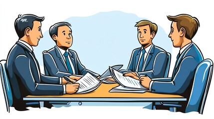 A group of men are shown at a table discussing and signing documents, presented in a cartoon style, showcasing a formal and professional scene
