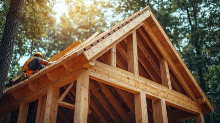 Obraz premium Carpenter working on the wooden roof of a house under construction in a lush forest setting