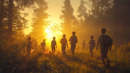 Fototapeta premium Children walking through a misty forest at sunset, heading toward a campfire, creating a warm atmosphere