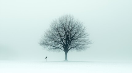 Fototapeta premium Solitary Winter Tree With Bird In Foggy Field